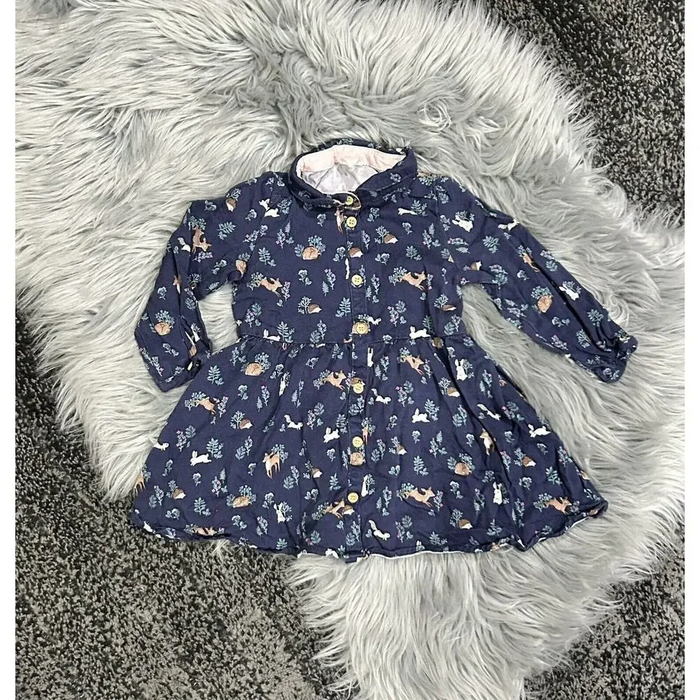 H&M Dark Blue Forest Animals Patterned Shirt‎ Dress  12/18month